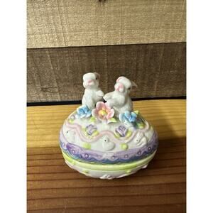 Vintage Ceramic Easter Egg Trinket Box With Bunnies And flowers On Top